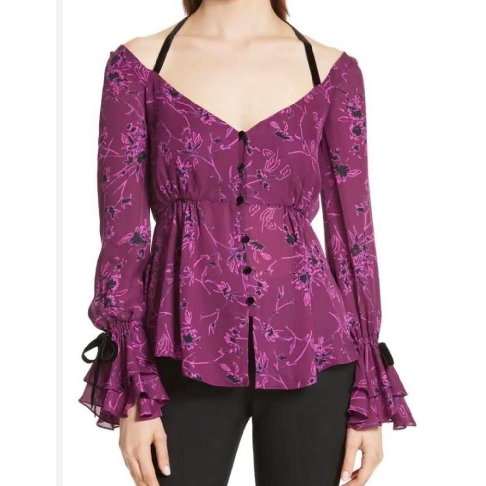 Cinq a Sept Mabel Boho Floral Silk Velvet Tie Romantic Peplum Blouse Small NWOT
